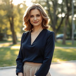 An elegant Russian woman, aged 35 to 45, radiating beauty and sophistication
