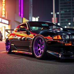 A custom Nissan S13 200SX, painted in a sleek black finish, showcasing its aggressive stance