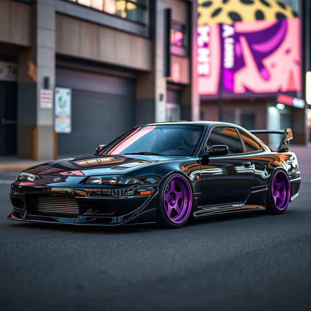 A custom Nissan S13 200SX, painted in a sleek black finish, showcasing its aggressive stance