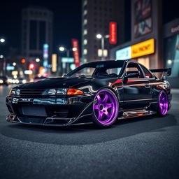 A custom Nissan S13 200SX, painted in a sleek black finish, showcasing its aggressive stance