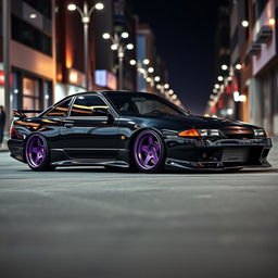 A custom Nissan S13 200SX, painted in a sleek black finish, showcasing its aggressive stance