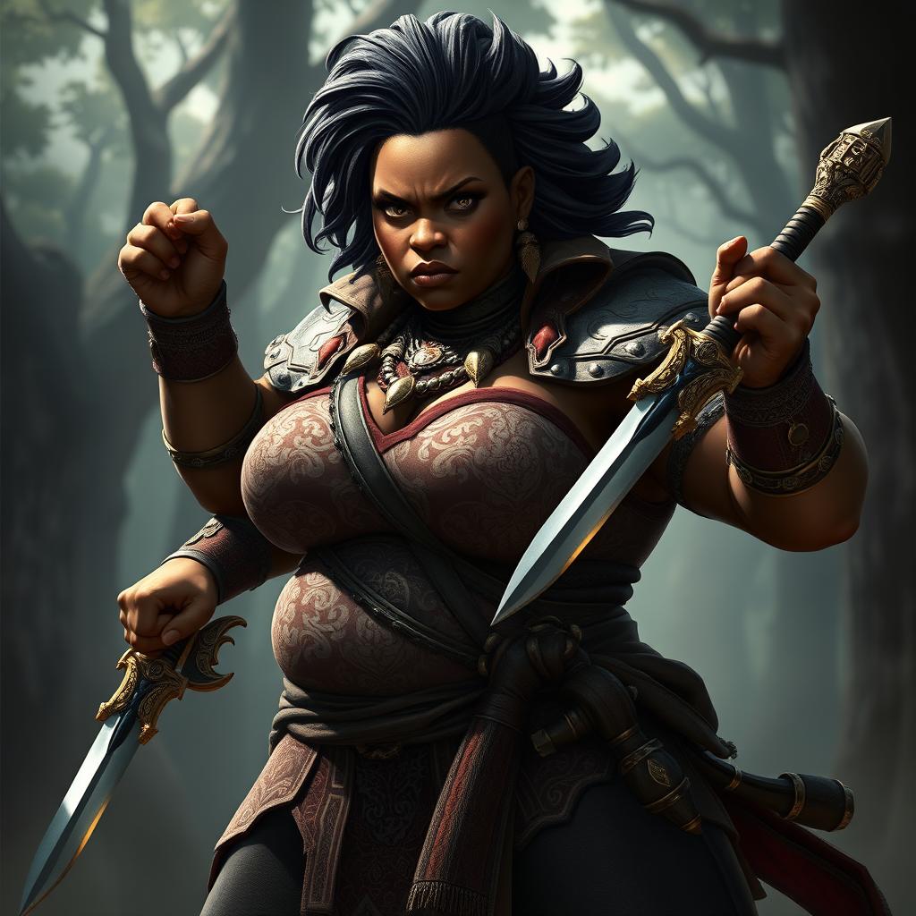 A powerful and striking depiction of an obese African-American Sebille from Divinity: Original Sin 2, showcasing her fiercely determined expression