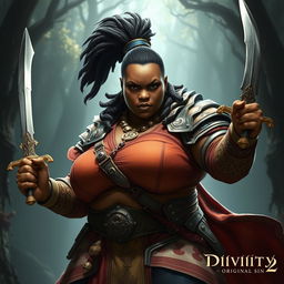 A powerful and striking depiction of an obese African-American Sebille from Divinity: Original Sin 2, showcasing her fiercely determined expression