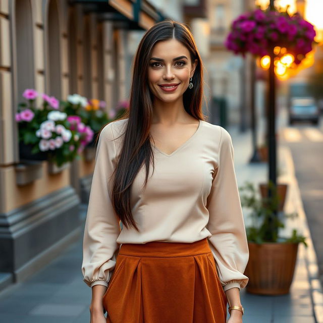 A beautiful Russian woman, aged 35 to 45, exemplifying grace and charm