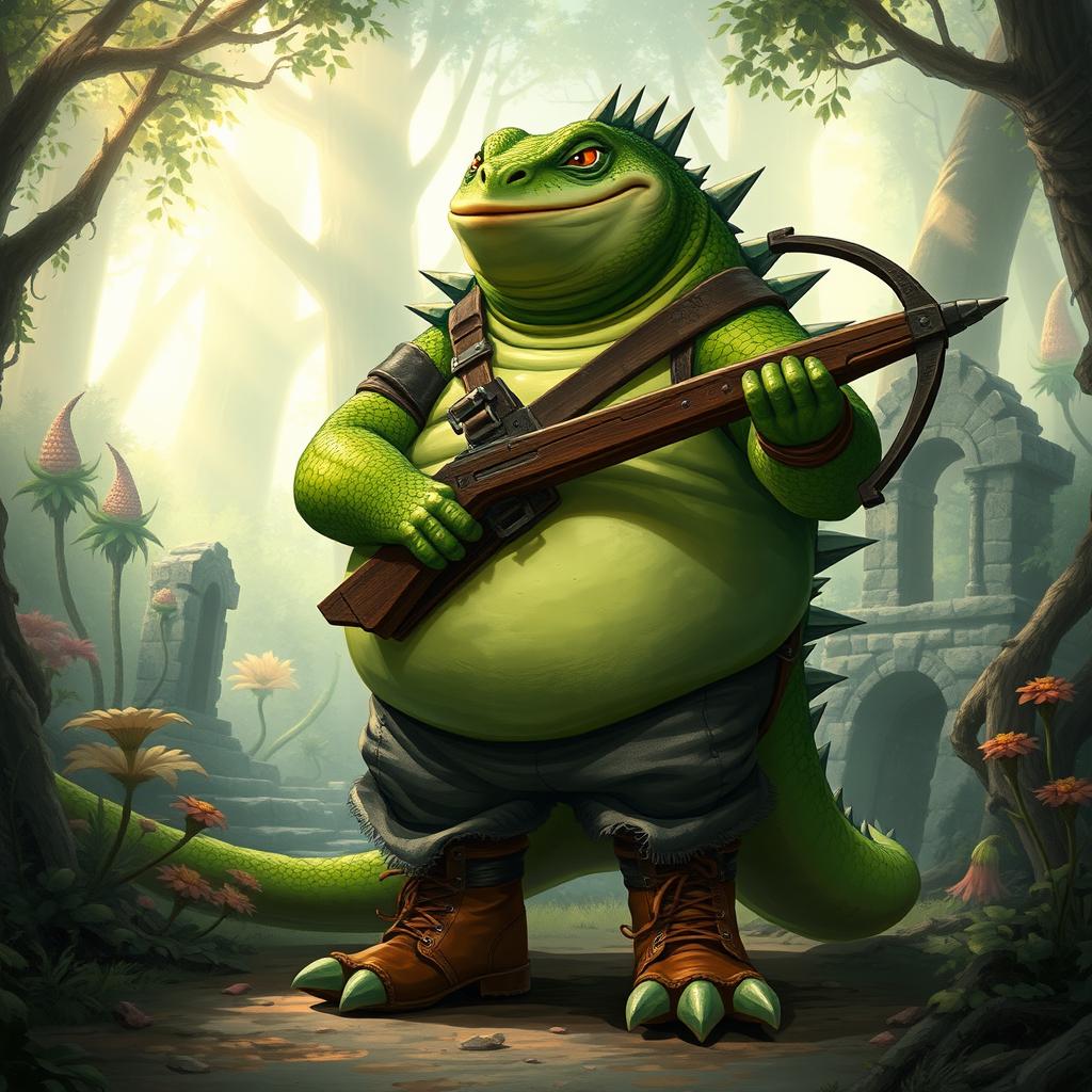 An obese lizardfolk character from a fantasy setting, wearing stylish Timberland boots and wielding a sturdy crossbow