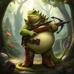 An obese lizardfolk character from a fantasy setting, wearing stylish Timberland boots and wielding a sturdy crossbow