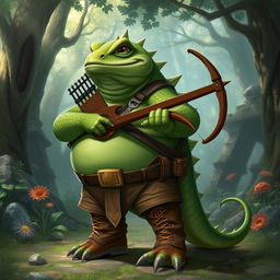 An obese lizardfolk character from a fantasy setting, wearing stylish Timberland boots and wielding a sturdy crossbow