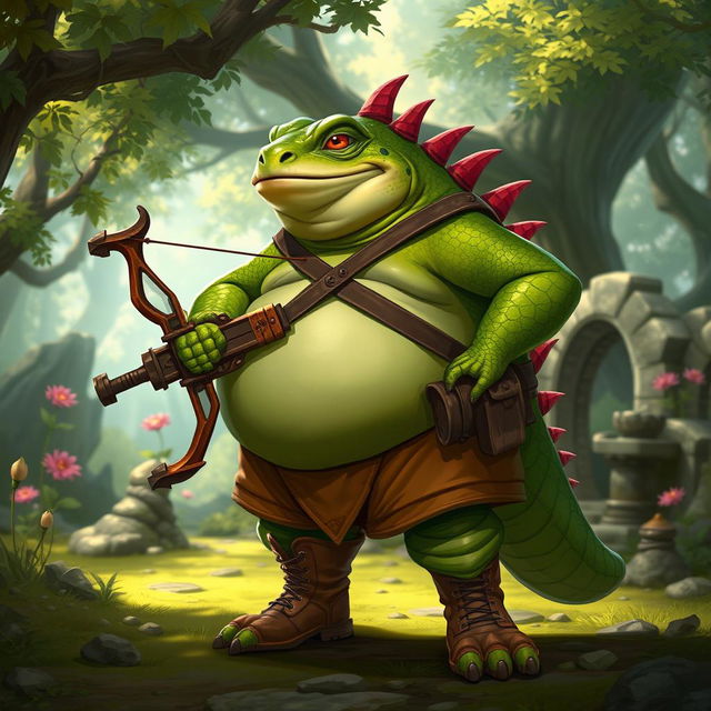 An obese lizardfolk character from a fantasy setting, wearing stylish Timberland boots and wielding a sturdy crossbow