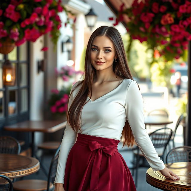 A stunning Russian woman, aged 35 to 45, embodying grace and charm