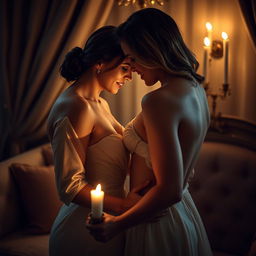 A sensual and intimate setting featuring an elegant couple sharing a romantic moment