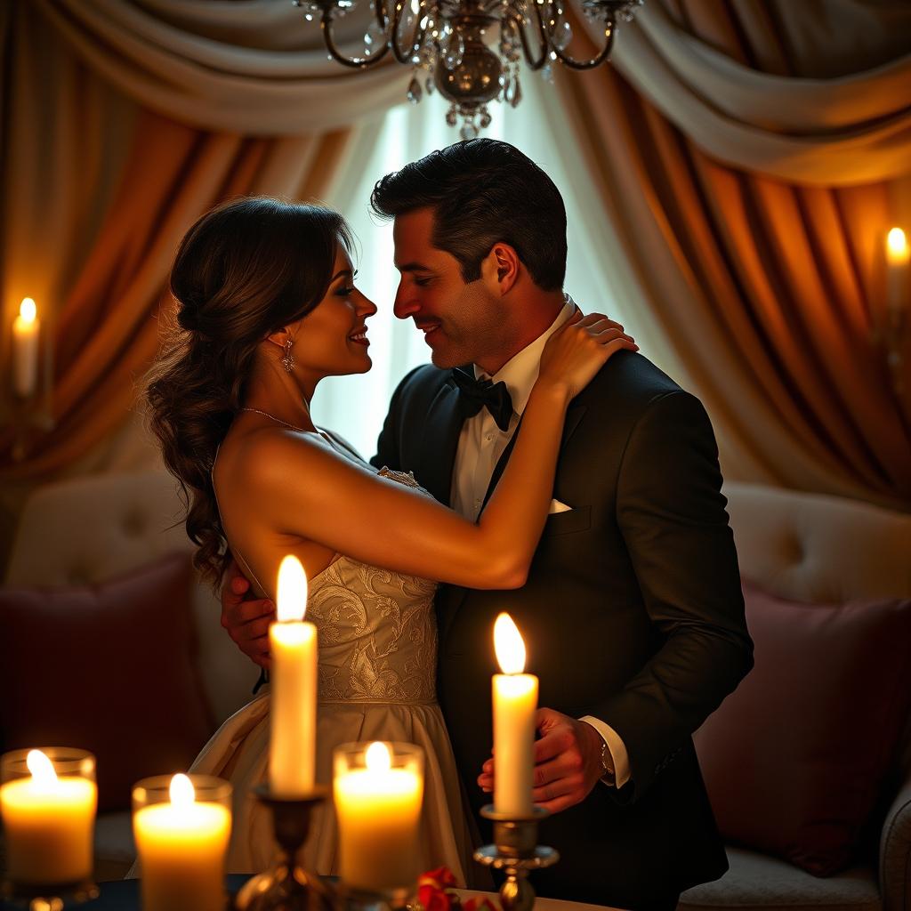 A sensual and intimate setting featuring an elegant couple sharing a romantic moment