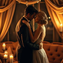 A sensual and intimate setting featuring an elegant couple sharing a romantic moment