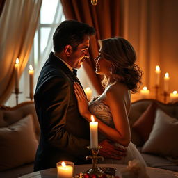 A sensual and intimate setting featuring an elegant couple sharing a romantic moment