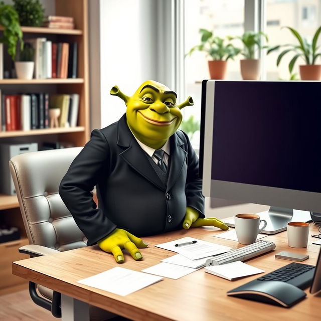 A whimsical green ogre resembling Shrek, dressed in a tailored black suit and standing confidently by a modern computer desk