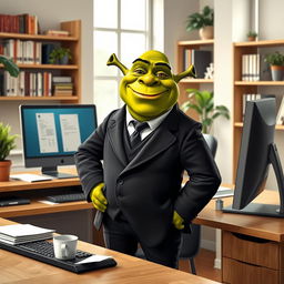 A whimsical green ogre resembling Shrek, dressed in a tailored black suit and standing confidently by a modern computer desk