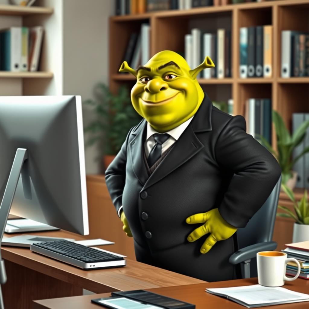 A whimsical green ogre resembling Shrek, dressed in a tailored black suit and standing confidently by a modern computer desk