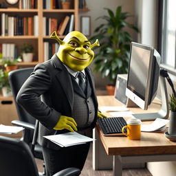 A whimsical green ogre resembling Shrek, dressed in a tailored black suit and standing confidently by a modern computer desk