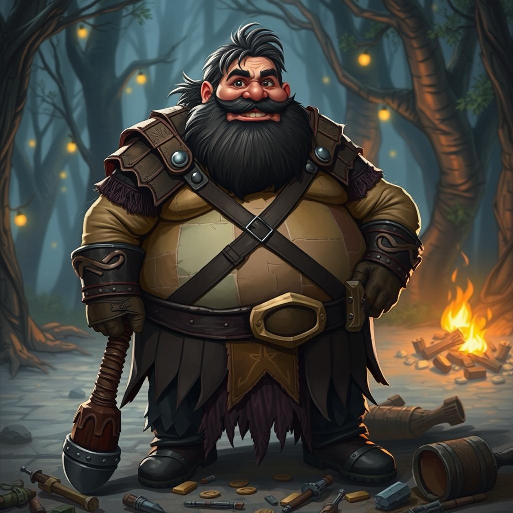 A comical depiction of an obese bandit in a fantasy Dungeons and Dragons setting