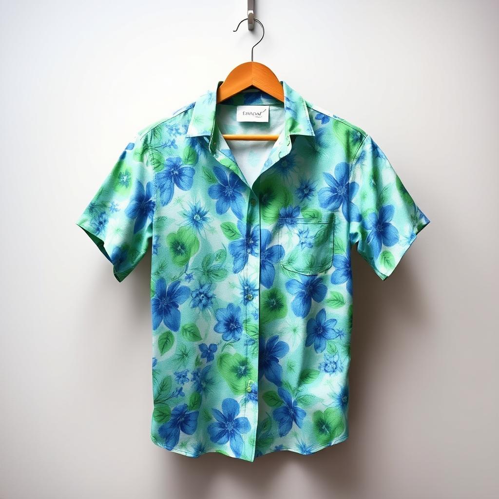 A stylish, short-sleeved button-up shirt designed with a vibrant floral pattern in shades of blue and green
