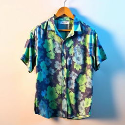 A stylish, short-sleeved button-up shirt designed with a vibrant floral pattern in shades of blue and green