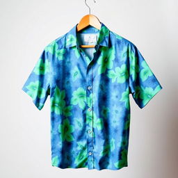A stylish, short-sleeved button-up shirt designed with a vibrant floral pattern in shades of blue and green