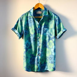 A stylish, short-sleeved button-up shirt designed with a vibrant floral pattern in shades of blue and green