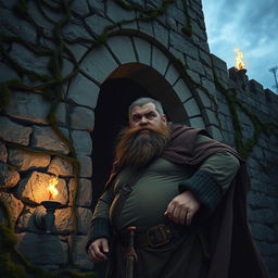 An obese bandit with a scruffy beard and a tattered cloak looks suspicious as he enters a secret tunnel through a grand, ancient castle wall