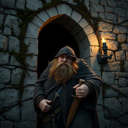 An obese bandit with a scruffy beard and a tattered cloak looks suspicious as he enters a secret tunnel through a grand, ancient castle wall