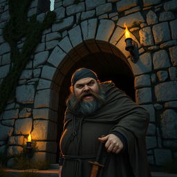 An obese bandit with a scruffy beard and a tattered cloak looks suspicious as he enters a secret tunnel through a grand, ancient castle wall