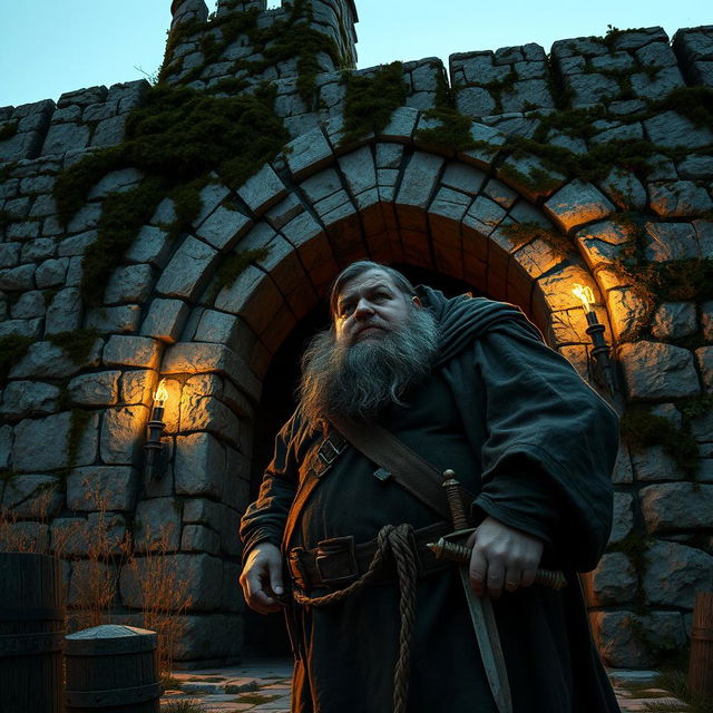 An obese bandit with a scruffy beard and a tattered cloak looks suspicious as he enters a secret tunnel through a grand, ancient castle wall