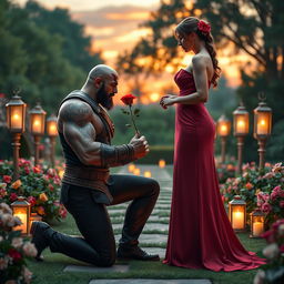 A muscular character resembling Kratos, from a mythological fantasy, dressed in a sharp black suit, kneeling on one knee and holding out a beautiful red rose to his wife