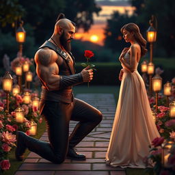 A muscular character resembling Kratos, from a mythological fantasy, dressed in a sharp black suit, kneeling on one knee and holding out a beautiful red rose to his wife