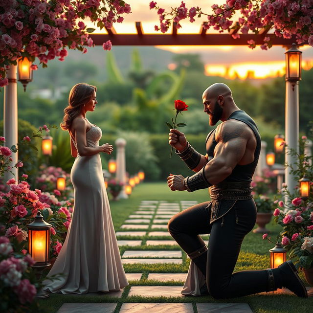 A muscular character resembling Kratos, from a mythological fantasy, dressed in a sharp black suit, kneeling on one knee and holding out a beautiful red rose to his wife