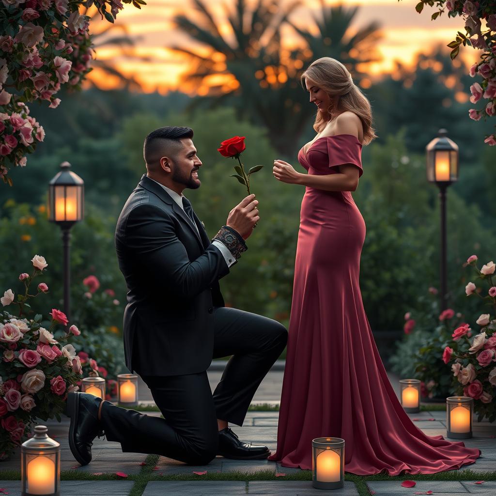 A muscular character resembling Kratos, from a mythological fantasy, dressed in a sharp black suit, kneeling on one knee and holding out a beautiful red rose to his wife