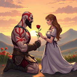 A beautifully detailed illustration of Kratos, the character from God of War, kneeling in front of his wife, giving her a rose