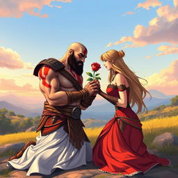 A beautifully detailed illustration of Kratos, the character from God of War, kneeling in front of his wife, giving her a rose