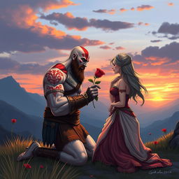 A beautifully detailed illustration of Kratos, the character from God of War, kneeling in front of his wife, giving her a rose