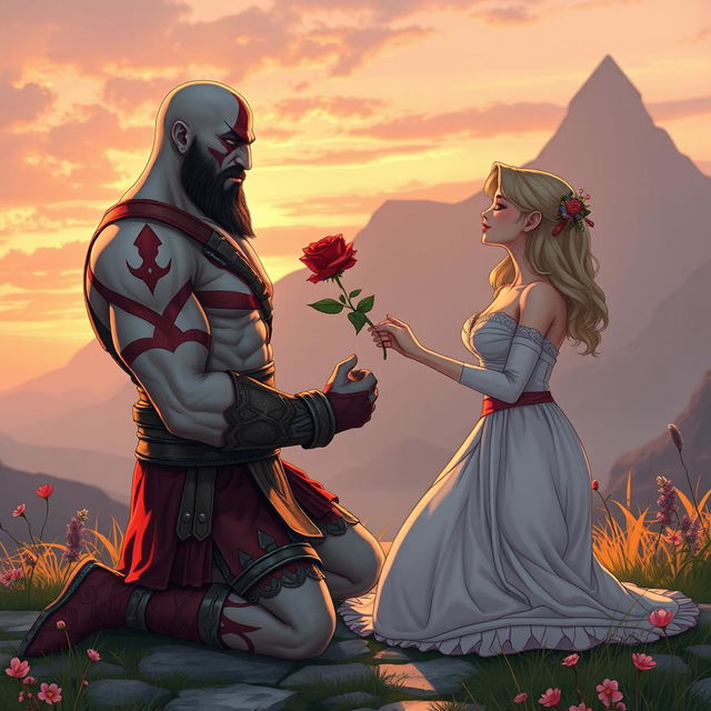 A beautifully detailed illustration of Kratos, the character from God of War, kneeling in front of his wife, giving her a rose