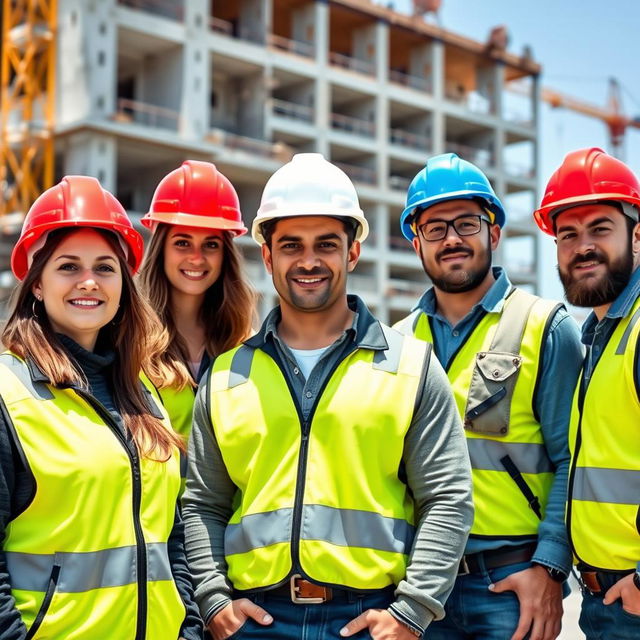 A group of three construction workers standing together on a construction site