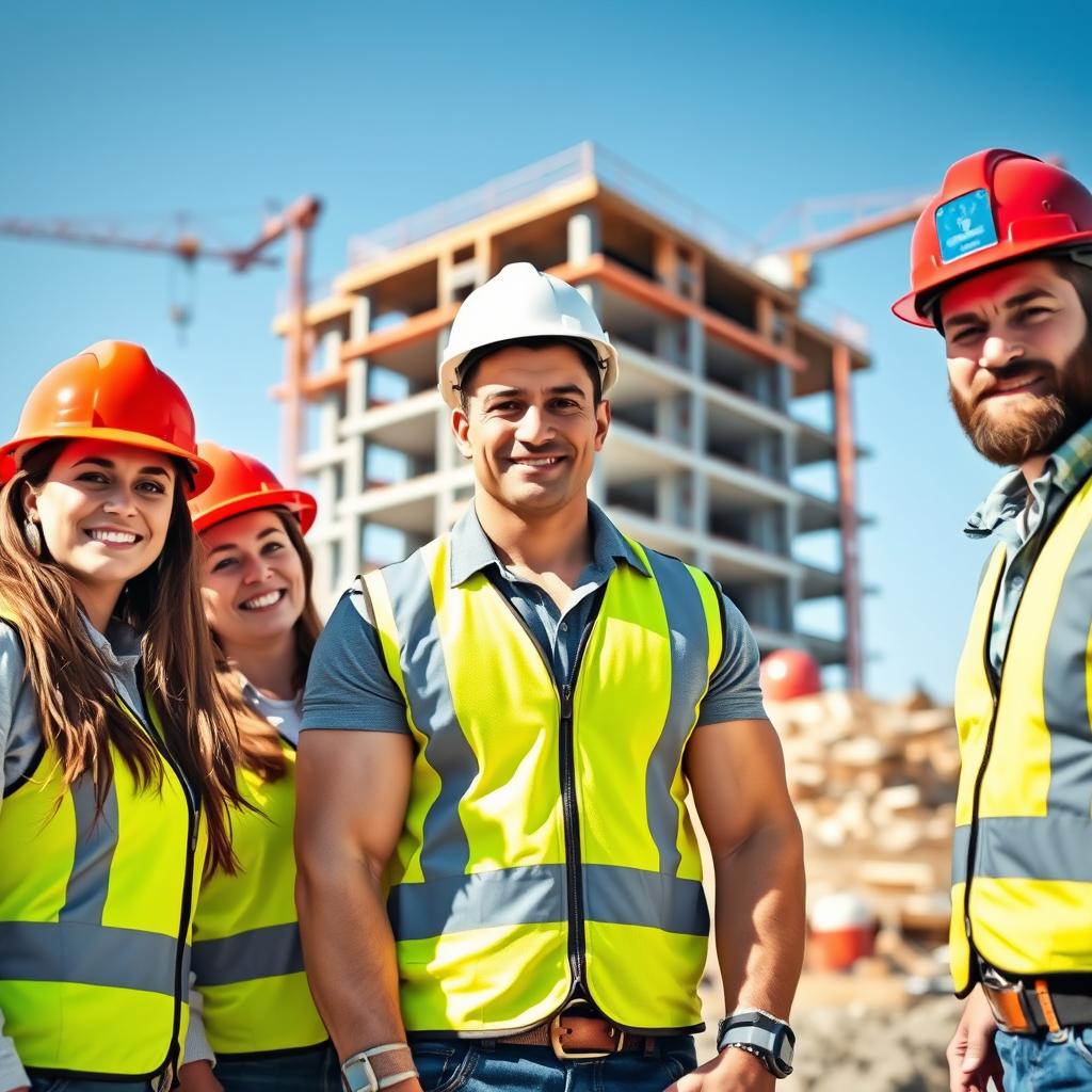 A group of three construction workers standing together on a construction site