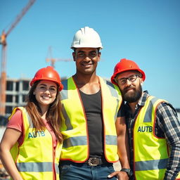 A group of three construction workers standing together on a construction site