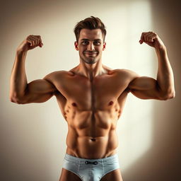 A very handsome 30-year-old man, showcasing his impressive muscles and defined abs, confidently posing without a shirt and wearing only his underwear