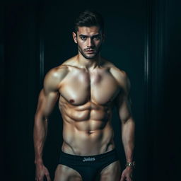 A very handsome 30-year-old man, showcasing a strong, muscular physique with defined abs, confidently posing shirtless and in just his underwear