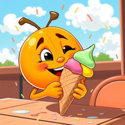 A whimsical orange character joyfully eating a colorful ice cream cone