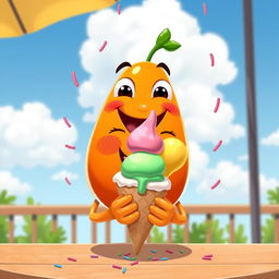 A whimsical orange character joyfully eating a colorful ice cream cone