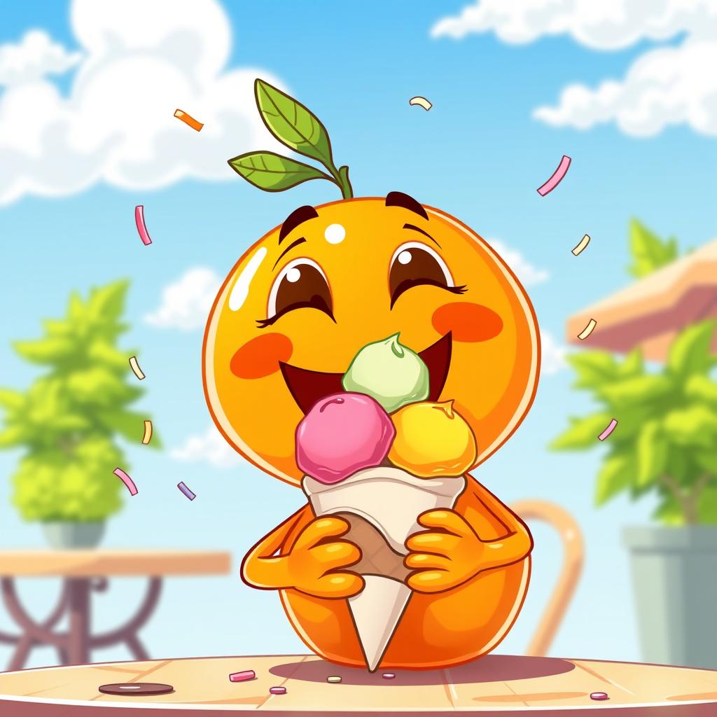 A whimsical orange character joyfully eating a colorful ice cream cone