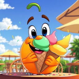 A whimsical orange character joyfully eating a colorful ice cream cone