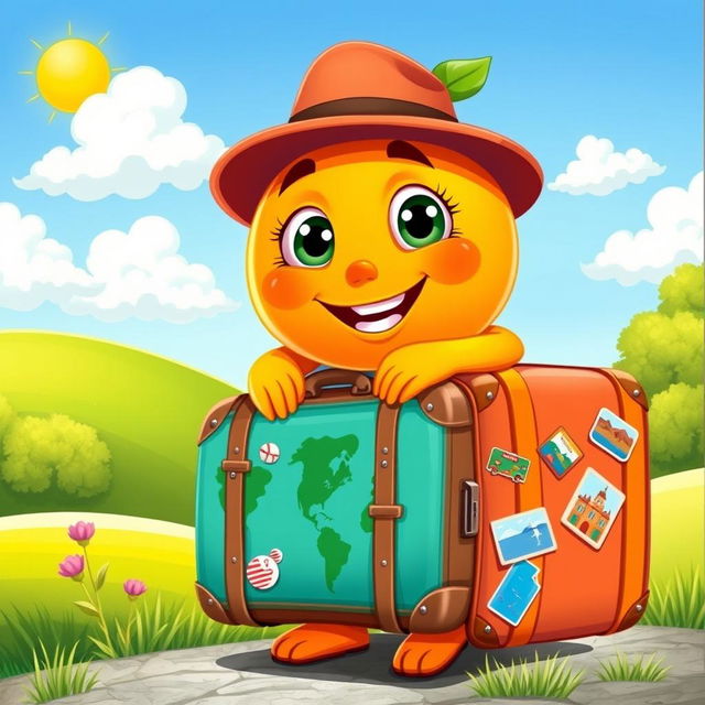 A whimsical and playful scene featuring a bright, vibrant orange wearing a colorful suitcase