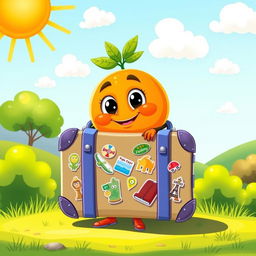 A whimsical and playful scene featuring a bright, vibrant orange wearing a colorful suitcase