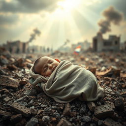 A powerful and emotive scene depicting a helpless baby in a war-torn environment, surrounded by ruins and destruction, evocative of the Gaza conflict
